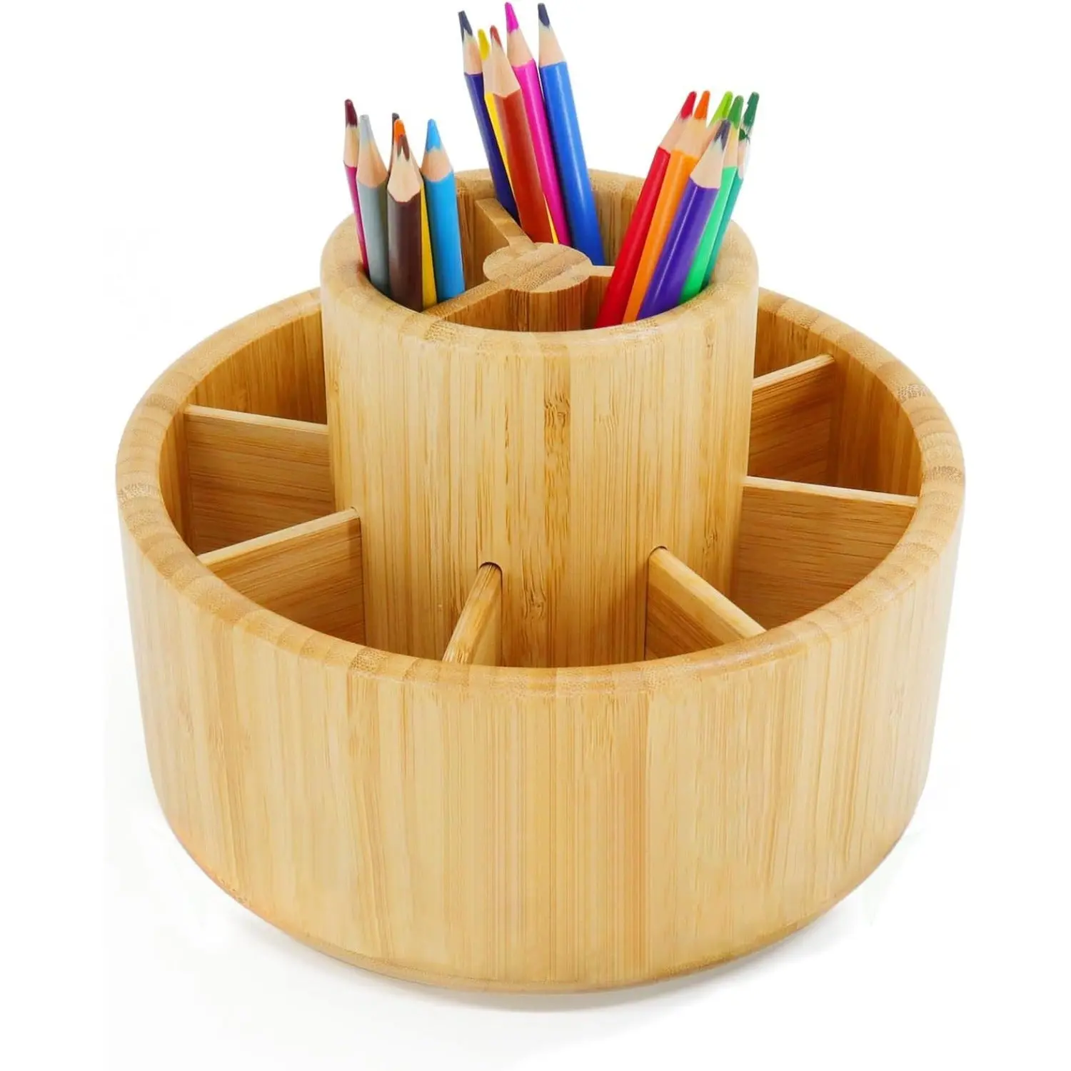 Natural Bamboo 360° Rotating Desk Organizer (Diameter:25cm) - Heavy-Duty Stationery Supplies Storage Caddy with 11 Removable Sections, Remove Dividers, Pen Slot, Wooden Pencil Dispenser for Office Desk Accessories