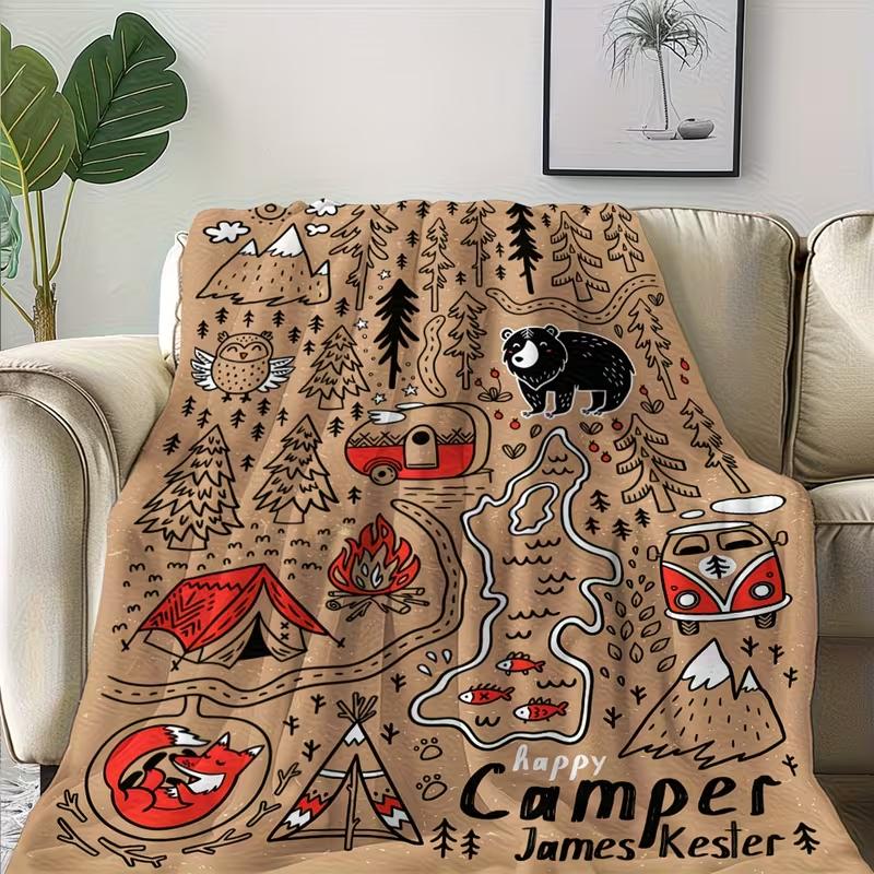 Outdoor Camping Blanket Featuring a Full Print of Hand-Drawn Forest Animals And Camping Elements, Exuding a Vintage Feel. Suitable for Sofa Beds, Cars, And Offices, Perfect for Travel And Camping, Bringing a Dual Enjoyment of Nature And Adventure