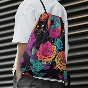 Beautiful Witchy Goth Trippy Rainbow Black cat rose print(1) Custom Drawstring Bags with Waffle Cloth Designs