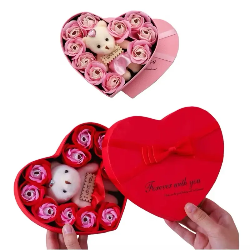 Bear Rose Love Gift Box Flower - Roses Gift Set in Heart-Shaped Packaging with Adorable Teddy Bear for Special Occasions