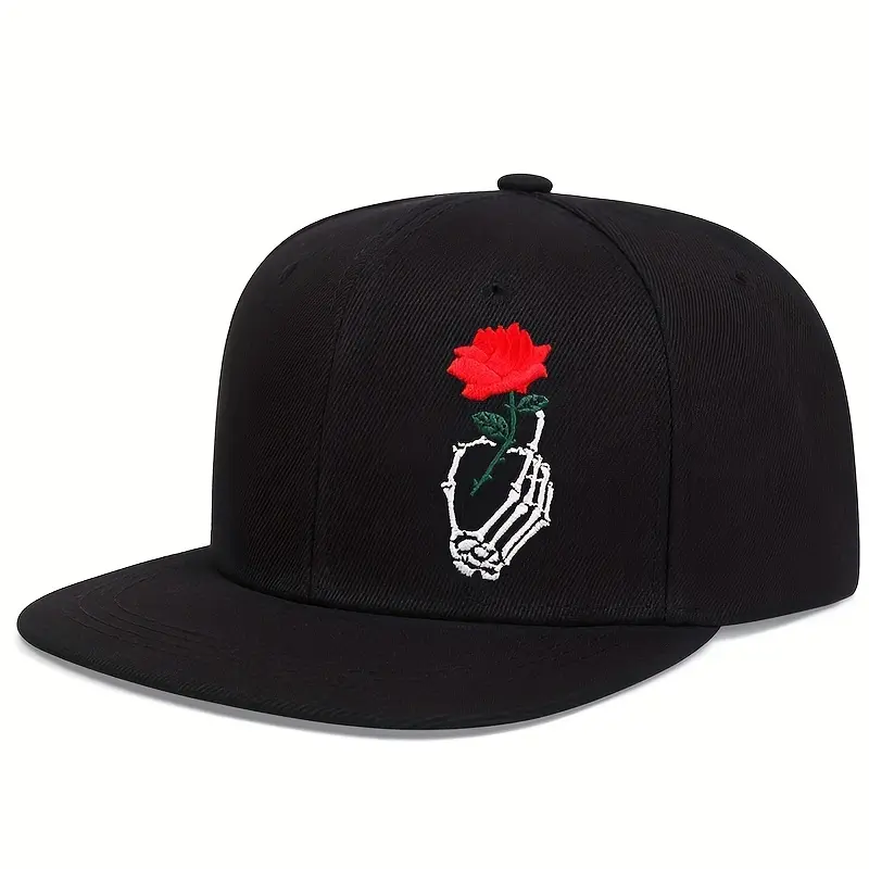 Skeleton Rose Embroidery Black Baseball Hat - Adjustable Snapback Fit Hip Hop Dad Hat for Men
