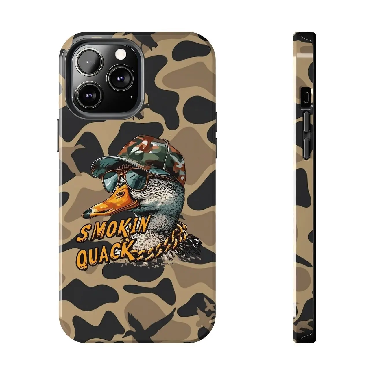 Edgy Ol' School Camo "Smokin' Quack" Tough Cases for iPhone 17 down to iPhone 7/8/SE. Bold, unisex, and rebel-duck inspired premium protection. F
