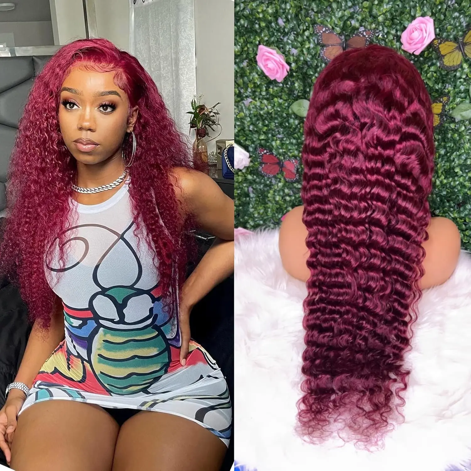 99J Burgundy Lace Front Wigs Human hair Deep Wave 13x6 HD Lace Frontal Wigs Human Hair Pre Plucked 180 Density Wine Red Colored 99J Curly human Wig