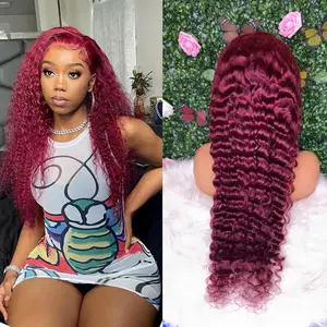99J Burgundy Lace Front Wigs Human hair Deep Wave 13x6 HD Lace Frontal Wigs Human Hair Pre Plucked 180 Density Wine Red Colored 99J Curly human Wig