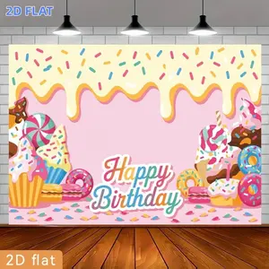 2D Flat Banner 1pc, Party Banner Pastel Dessert Donut Macaron Ice Cream Sprinkle Birthday Text Polyester Backdrop Event Decorationhome Farm Room Garden Courtyard Graduation Photography Live Streaming Wedding Club Gift F