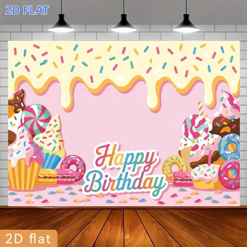 2D Flat Banner 1pc, Party Banner Pastel Dessert Donut Macaron Ice Cream Sprinkle Birthday Text Polyester Backdrop Event Decorationhome Farm Room Garden Courtyard Graduation Photography Live Streaming Wedding Club Gift F