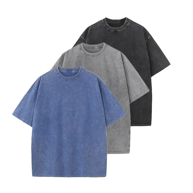 Men's 3-Pack Cotton Acid-Wash Oversized Retro Streetwear Short-Sleeve Round Neck T-Shirts - Cute Minimalist Menswear Tops for Party, Size L