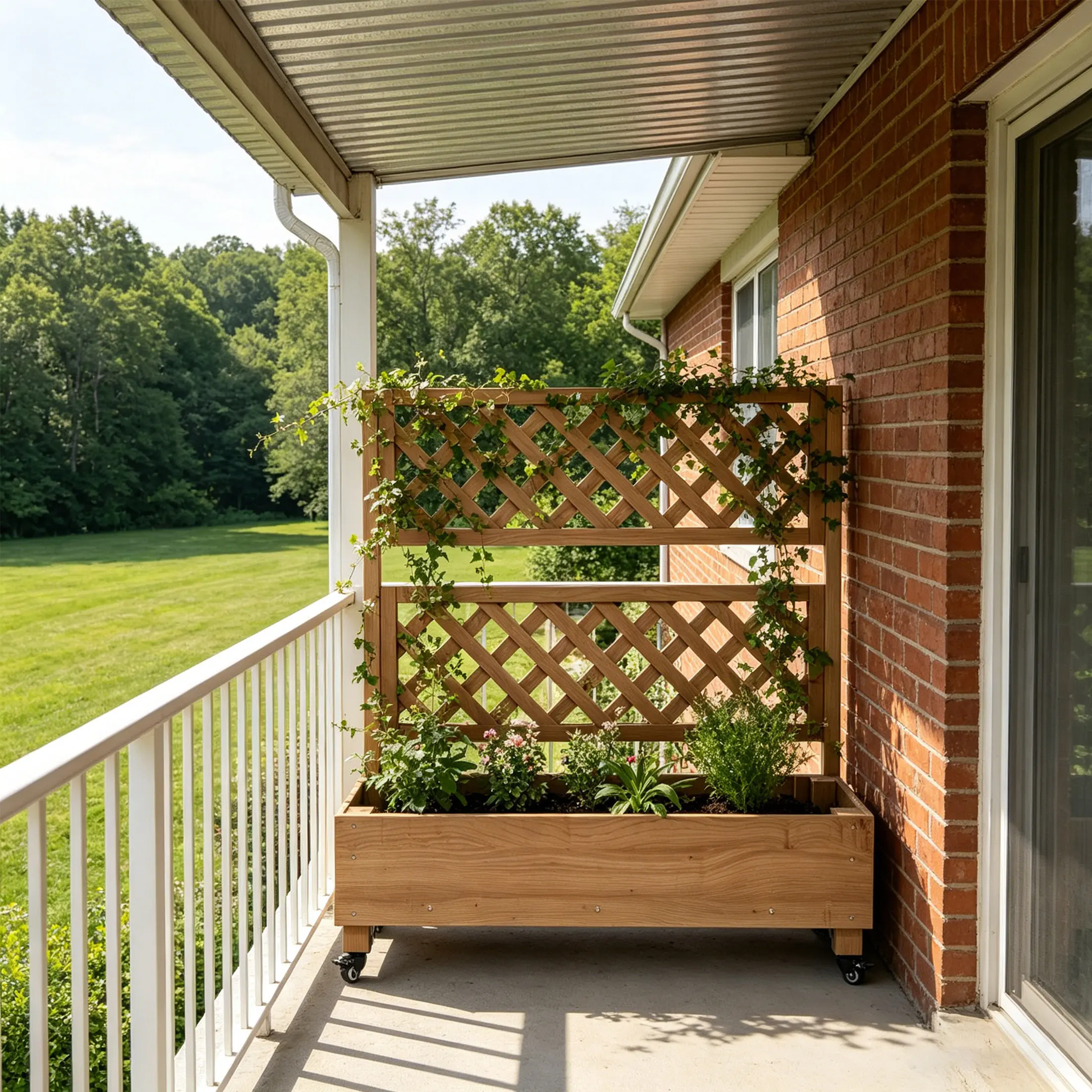 Movable Wood Planter Box & Diamond Lattice Trellis Privacy Screen,Outdoor Raised Garden Bed for Climbing Plants, Brown