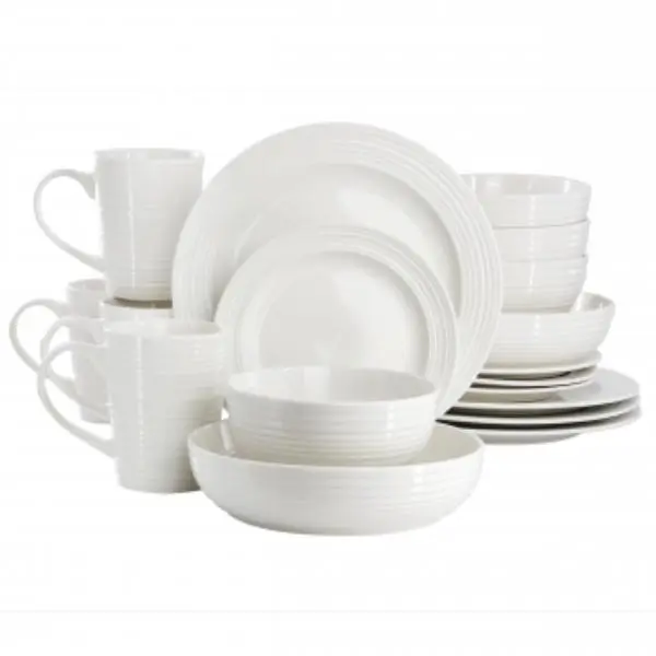 Elama Nikki Ribbed Texture White Porcelain Dinnerware Set - 18-Piece Elegant Tableware with Round Kitchen Plates, Serving Bowl and Dining Bowls