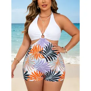 2026 Women's Plus Size Tropical Palm Leaf Print One-Piece Swimsuit, Halter Neck O-Ring Cutout Top, High Waist Tummy Control Swim Shorts, Full Coverage Bathing Suit for Beach & Pool,Summer Vibes