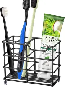 Bathroom Toothbrush Holder Stand Stainless Steel Organizer for Toothpaste Toothbrush Storage Durable Rustproof Black Holder with Multiple Slots