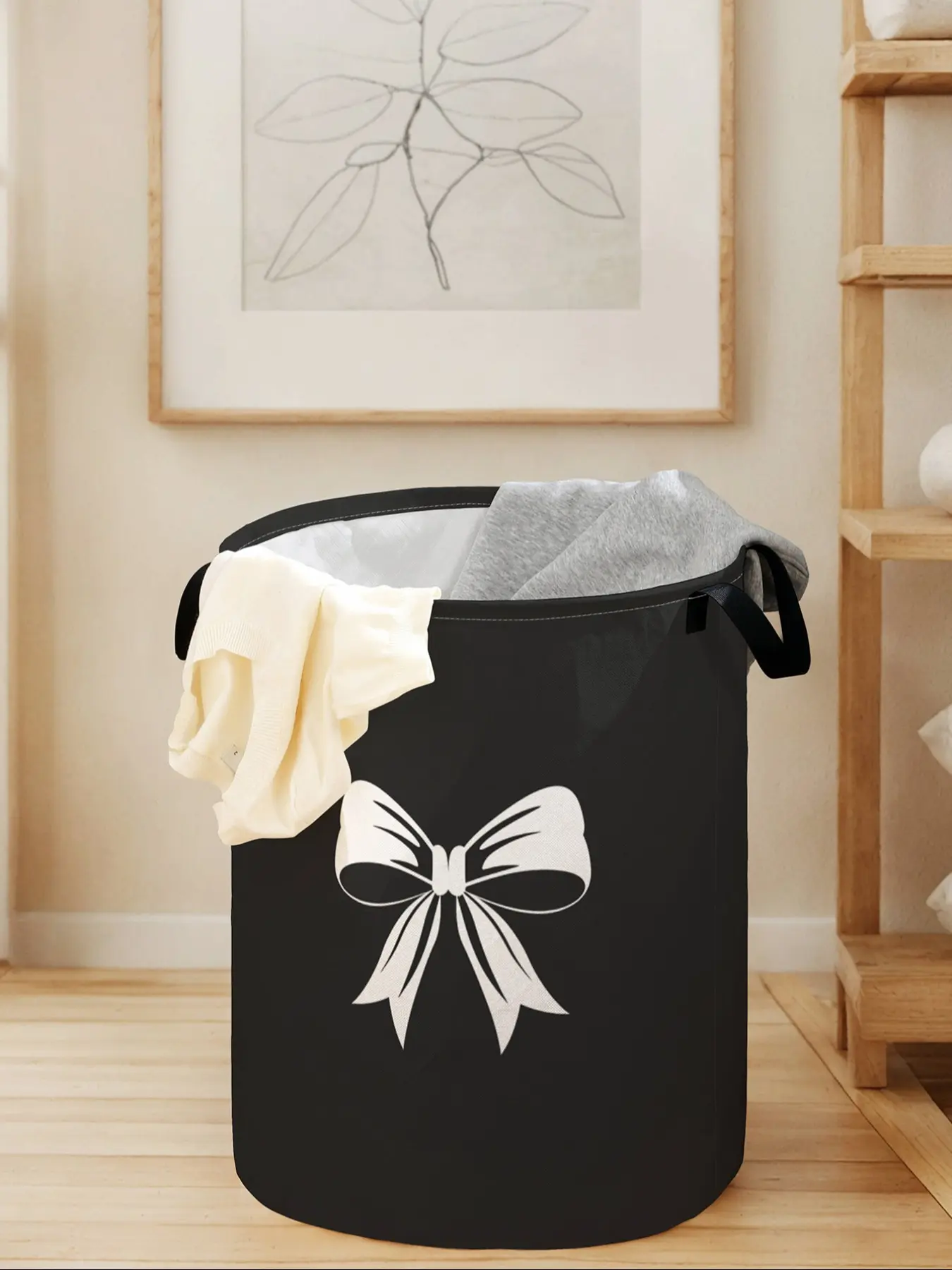 Durable Folding Laundry Basket with Handle, Bow Print Design, Foldable Clothes Storage Bin, Large Capacity Toy Organizer for Home Use, Collapsible Laundry Hamper, Portable Laundry Basket