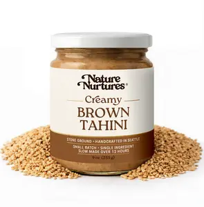 Creamy Brown Sesame Tahini · 100% Brown Sesame Seeds · Single Ingredient · No Fillers · Raw · Stone Ground for 12 Hours · Small Batch · Made in USA · High Protein · 100% Pure & Natural · No Added Sugar · No Palm Oil · Packed in Glass Jar · 9 oz (255 g)