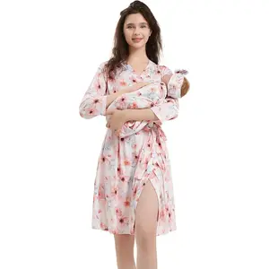 Maternity Nightgown and Baby Swaddle Set, Matching Mom Postpartum Nightgown and Swaddle (Size S, Pink Blue), Available at Amazon Women's Clothing Store
