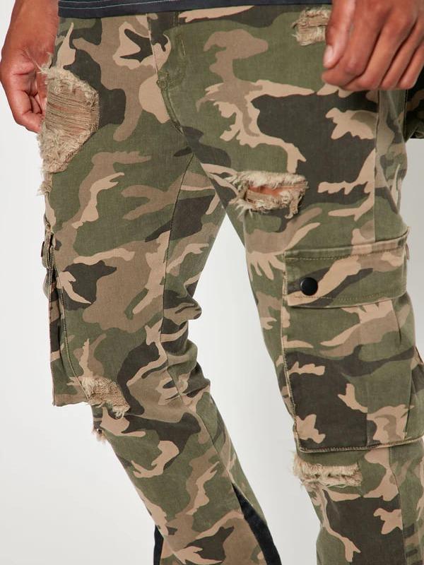 Contrast Skinny Stacked Flared Cargo Pants - Camouflage