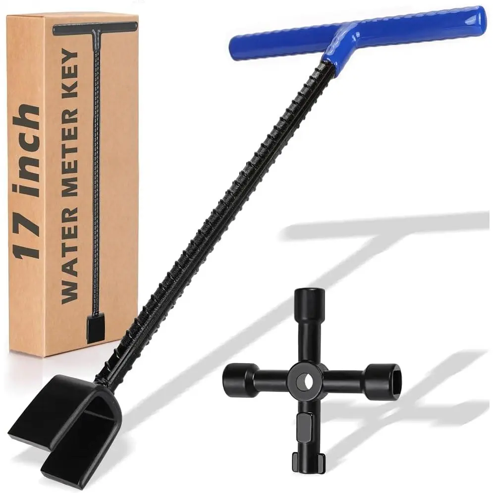 17inch Water Meter Key with 4-Way Multi-Function Practical Key, Reinforced Water Meter Shutoff Tool Wrench T-Handle Suitable for Roadside Main Water Pipes and Water Meters, Underground Water Stop Valve or Drain Valve