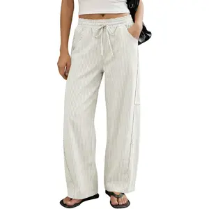 Imily Bela Womens Wide Leg Striped Pants High Waisted Baggy Casual Barrel Drawstring Lounge Trousers with Pockets