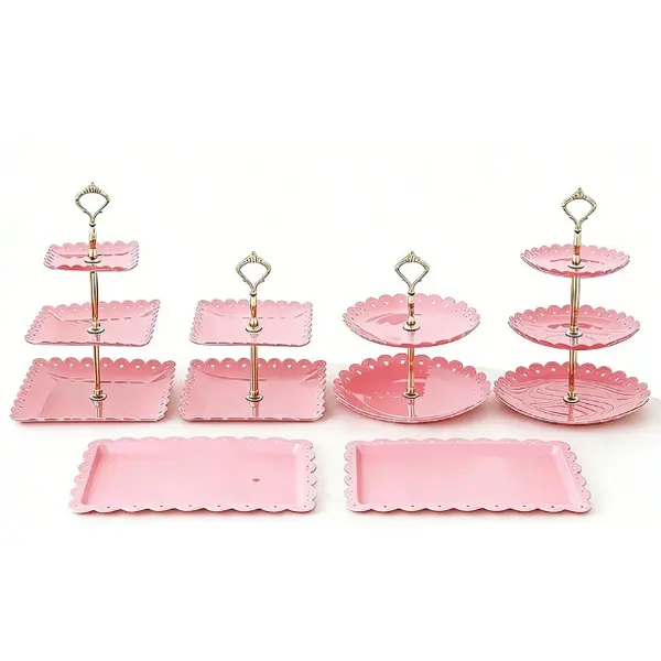 Pack of 6 Cake Stand Set, Plastic Dessert Table Display Set, with 2 x Two-Tier and 2 x Three-Tier Cupcake Stands, 2 x Appetizer Trays, Cupcake Display Stands Cookie Tray Rack Serving Tower for Wedding Birthday Bridal Baby Shower Tea Party (Pink)