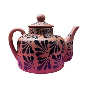 Mexican Clay Teapot Tetera Relieve 7.5" Height 3.5" Diameter 25" Circumference with Floral Design