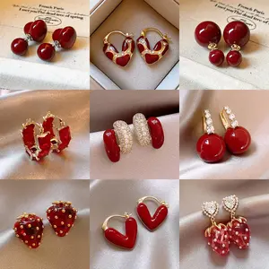 Buy 1 Get 1! !Silver Needle Ankela Red Drop Oil Geometric Heart Shape Strawberry Stud Earrings Sweet Elegance Earrings Retro High-Grade Earrings Jewelry Luxury Easter Bonus Versatile Unique earring stack