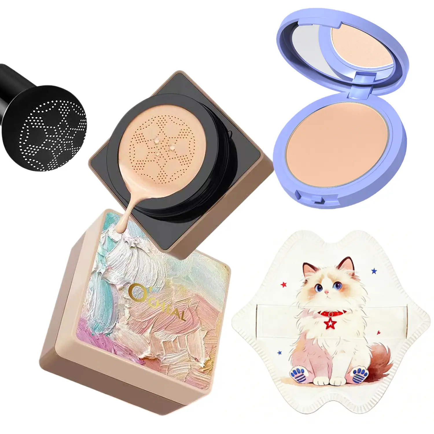 Mushroom-Head Cushion Foundation, Setting Powder (3 Shades Available), and Puff Set — Conceals, Sets Makeup, and Creates a Long-Lasting Matte Finish Makeup Foundation for Mature Skin,Tattoo Cover Up BB CC Cream,Moisturizing Mature Skin Face Base Kit