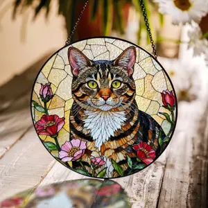 Tabby Cat Floral Art Suncatcher Round Window Decor Gift for Cat Lover