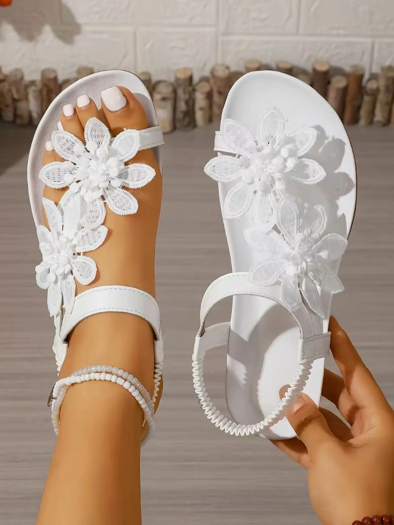 Women's Elegant Floral Sandals, Strappy Summer Sandals, Casual Fashion Sandals, Summer Fairytale Style, Toe Thong Design, Textile Upper, Anti-Slip Rubber Sole, Medium Width