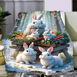 Ultra-Soft Micro Fleece Blanket with Cute Rabbit Print - Cozy & Warm for All Seasons, Perfect for Sofa, Bed, Office Naps | 100% Polyester
