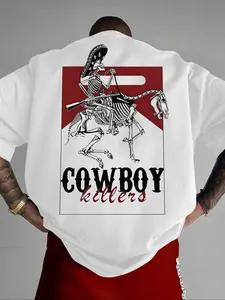 Vintage Skeleton Graphic Tee - Western Style Letter Print Men's Shirt for Music Festivals, Casual Outings & Seasonal Streetwear - White Loose Fit Cotton Short Sleeve Top