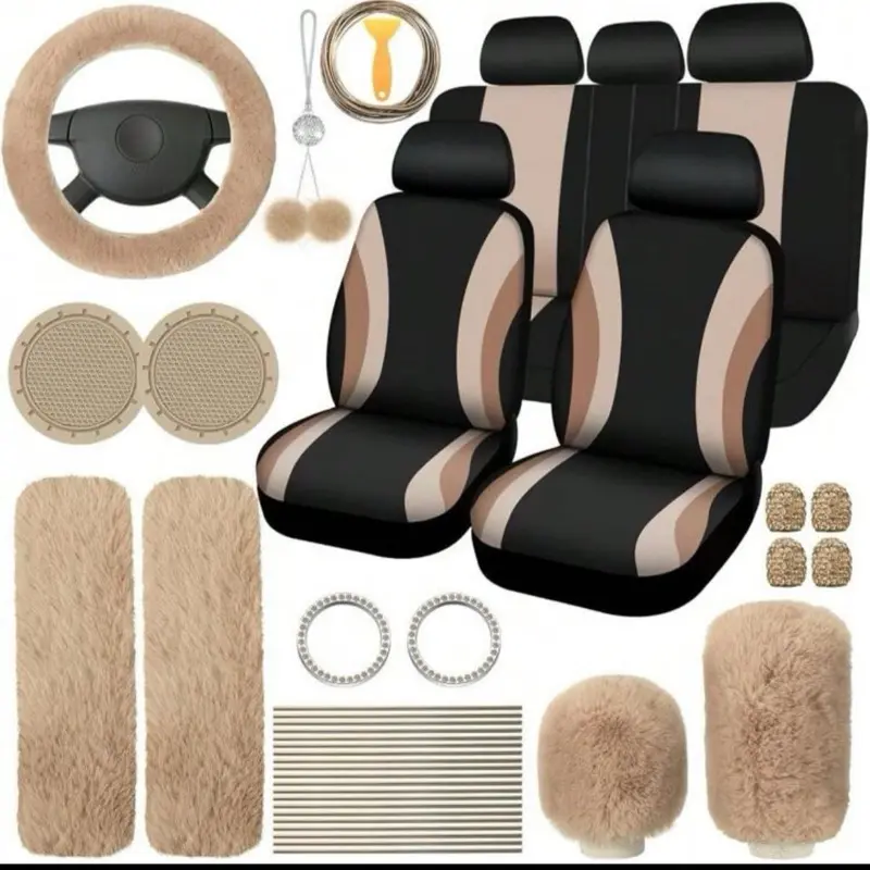 45-Piece Car Seat Covers & Interior Accessories Set, Car Interior Accessory, Polyester Five-Seat Car Seat Covers, Plush Steering Wheel Cover, Shoulder Pads, Gear Shift Knob Cover, Cup Pads, Tire Valve Caps, Stitching Trim Strips