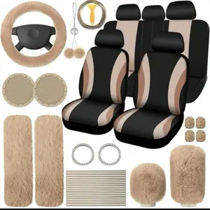45-Piece Car Seat Covers & Interior Accessories Set, Car Interior Accessory, Polyester Five-Seat Car Seat Covers, Plush Steering Wheel Cover, Shoulder Pads, Gear Shift Knob Cover, Cup Pads, Tire Valve Caps, Stitching Trim Strips