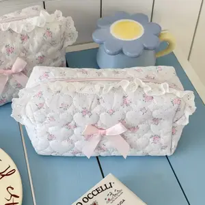 Floral Lace Makeup Bag with Bow – Cute Travel Cosmetic Pouch & Organizer