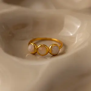 Moonstone Cluster Ring by Caitlyn Minimalist - Triple Bezel Clear Gemstone Ring in 18K Gold Finish - Boho Crystal Jewelry - Girlfriend Gift
