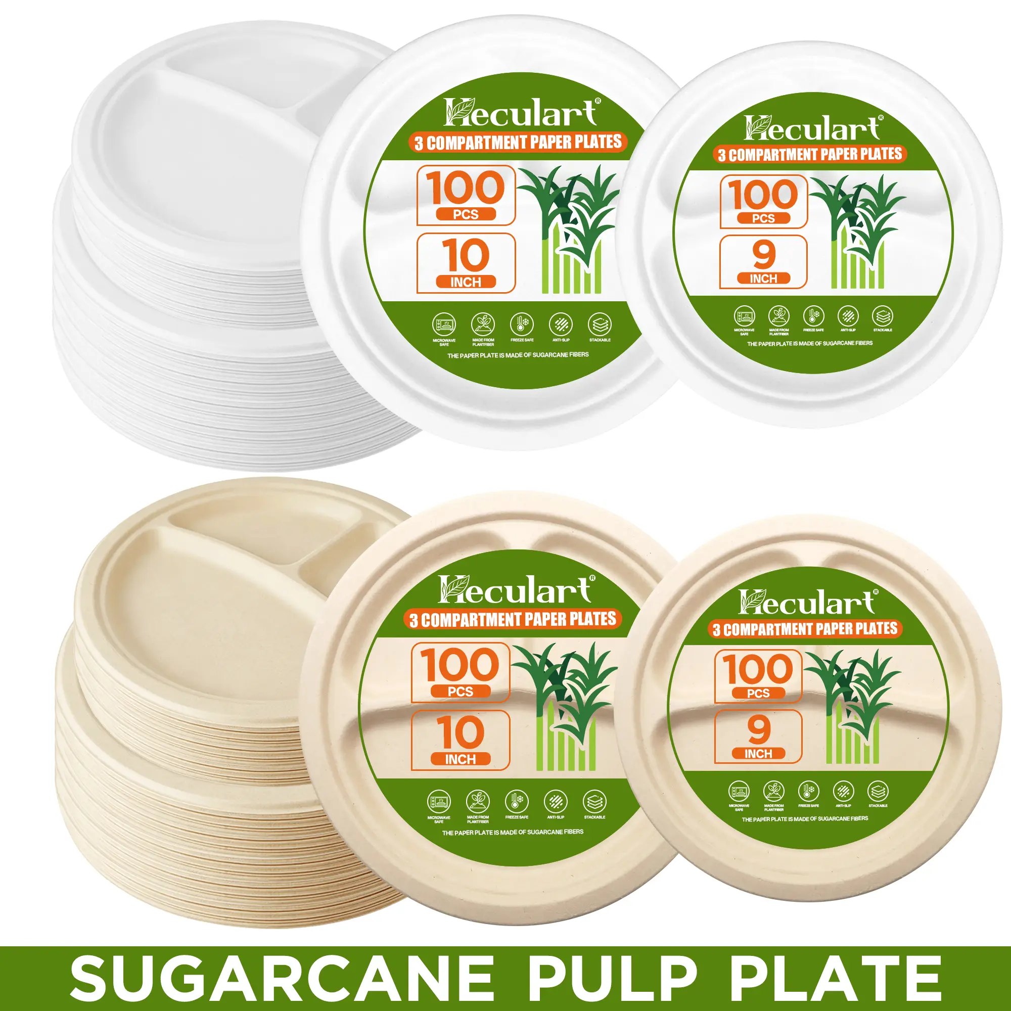 Eco-Friendly Waterproof Disposable Sugarcane Pulp Plates (100pcs) - 9-in/10-in Brown 3-Compartment Tableware for Family Meals, Picnics, Water Proof