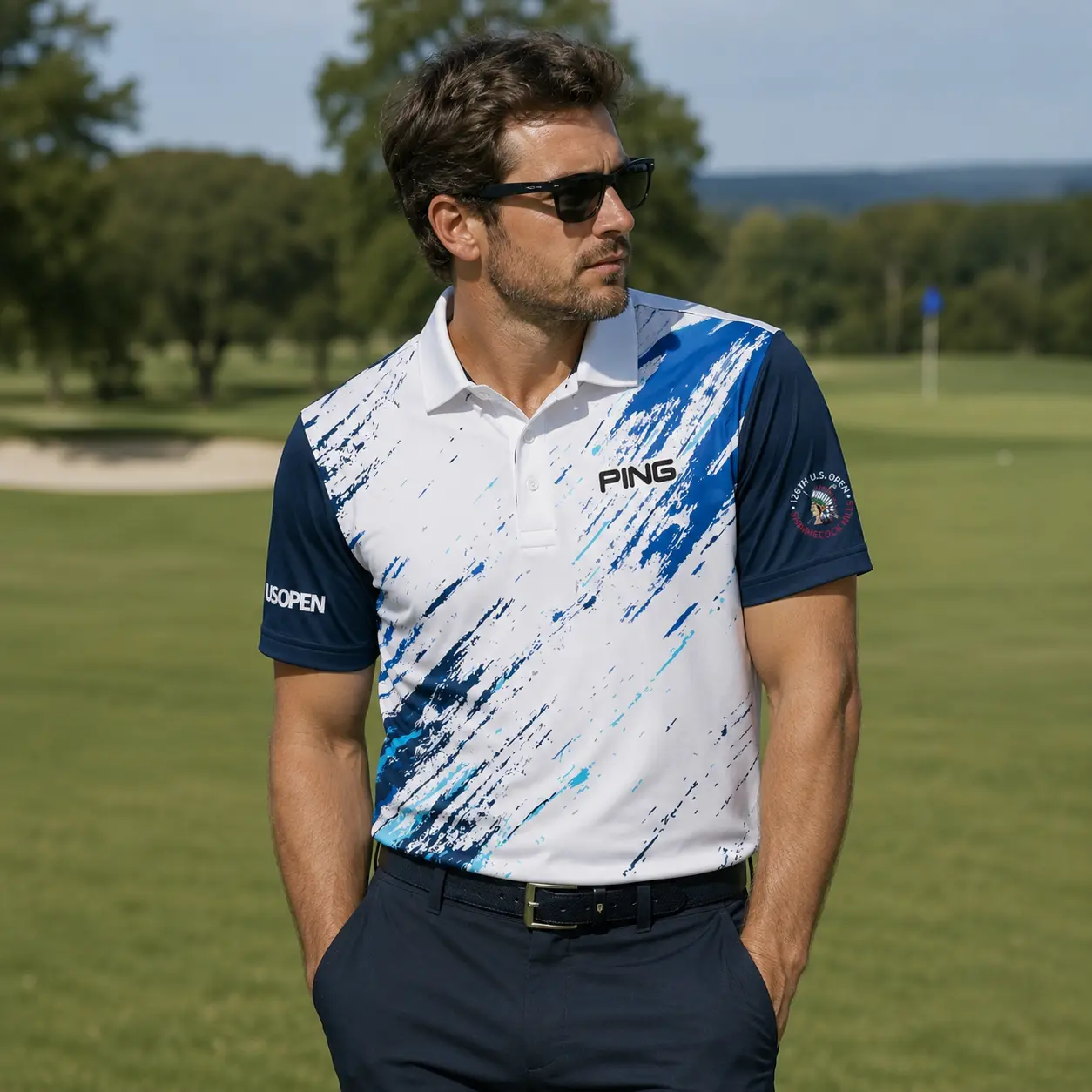 Breathable Blue Graphic Golf Polo Shirt Quick Dry Men's Sports Wear Made in USA