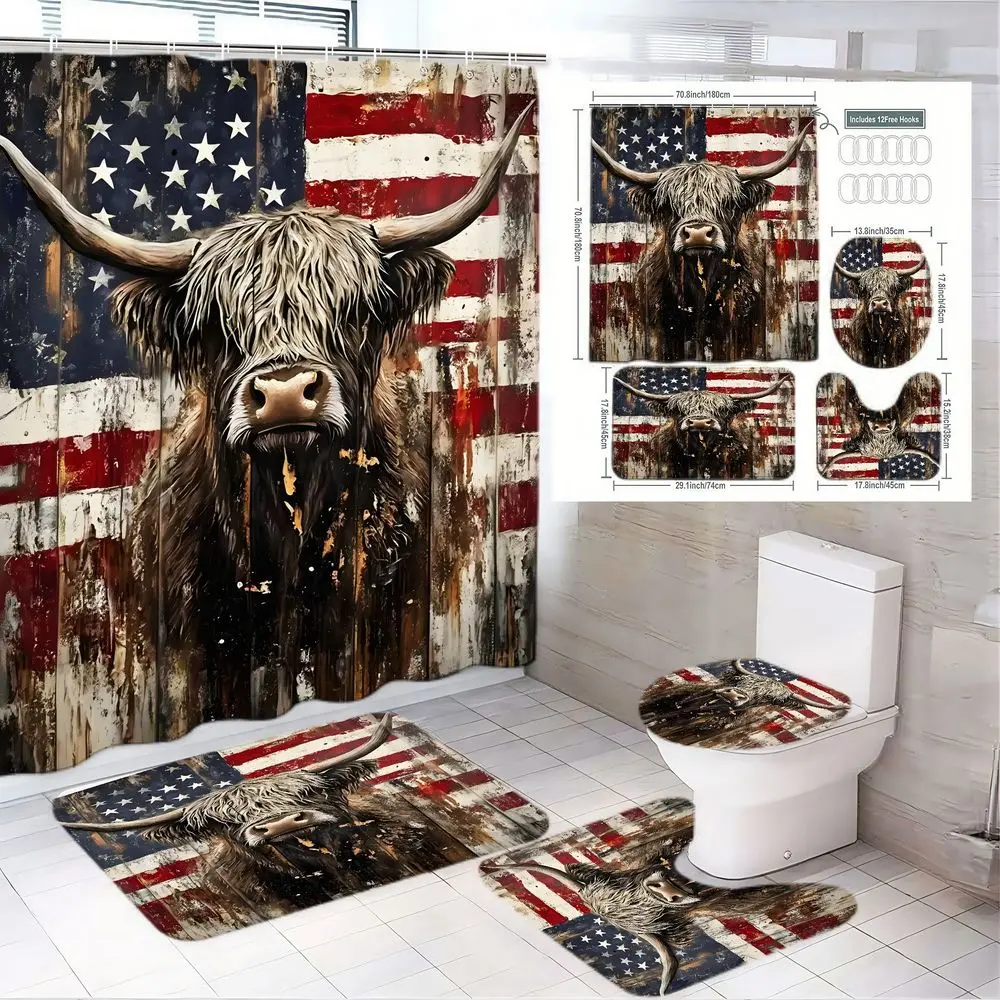 1/4pcs Rustic American Flag Highland Cow Shower Curtain Set With Rugs - Aged Cow & Distressed Flag Design, Bathroom Decoration Accessories, With Toilet Cover, Small Mat, Shower Mat - Patriotic Country Style Bathroom Decor for 4th of July, Memorial Day