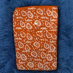 Adire African Batik Cotton Fabric 4 Yards - Vibrant Orange with White Patterns - Ideal for Crafting and Sewing Projects