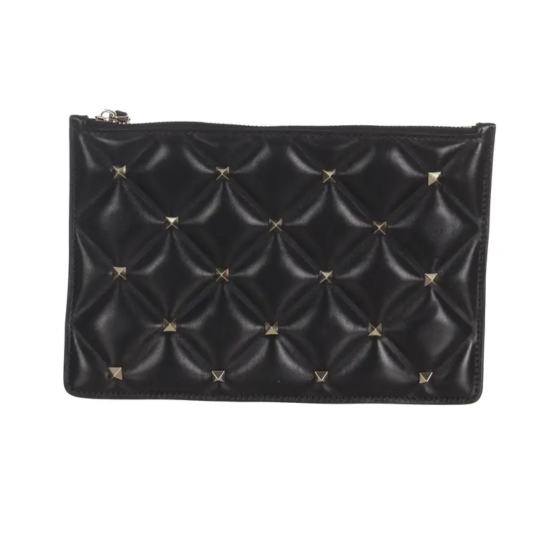 Pre-owned Valentino Calfskin Clutches & Wristlets Candystud Zip Pouch Black CPU0723