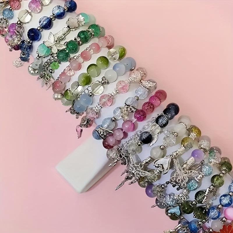 18pcs Mix Women's Glass Bead Charm Bracelet Set - Pastel & Multicolor Bohemian Flower & Butterfly Charms with Heart/Star Charms, Adjustable Elastic Cord for DIY Bracelet Making Kit, Birthday Party Favors, Valentine's Gifts