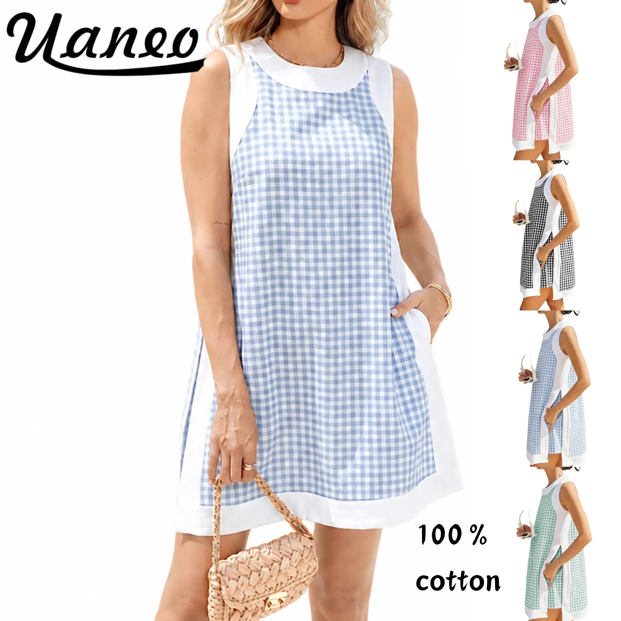 UANEO Women's Casual Two Piece Sets Color Block Crewneck Sleeveless Gingham Plaid Pullover Tops Matching Shorts with Pockets Lightweight Stretchy Fabric Preppy  Style  Womenswear Gingham Dress Casual Loose Fit Summer Vacation Beach Outfit