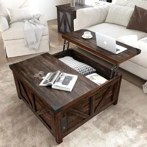 Farmhouse Lift Top Coffee Table with Storage, Wood Square Center Table with Charging Station&USB Ports, Living Room Central Table w/Large Hidden Space, for Living Room, Bedroom, Home Office