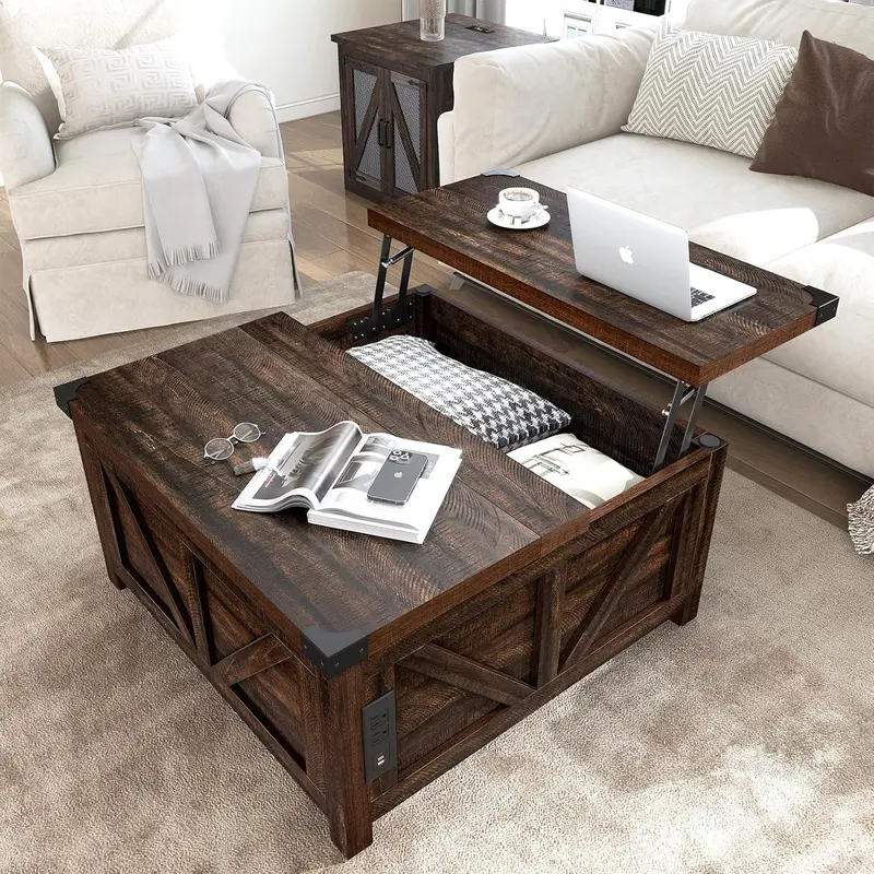 Farmhouse Lift Top Coffee Table with Storage, Wood Square Center Table with Charging Station&USB Ports, Living Room Central Table w/Large Hidden Space, for Living Room, Bedroom, Home Office