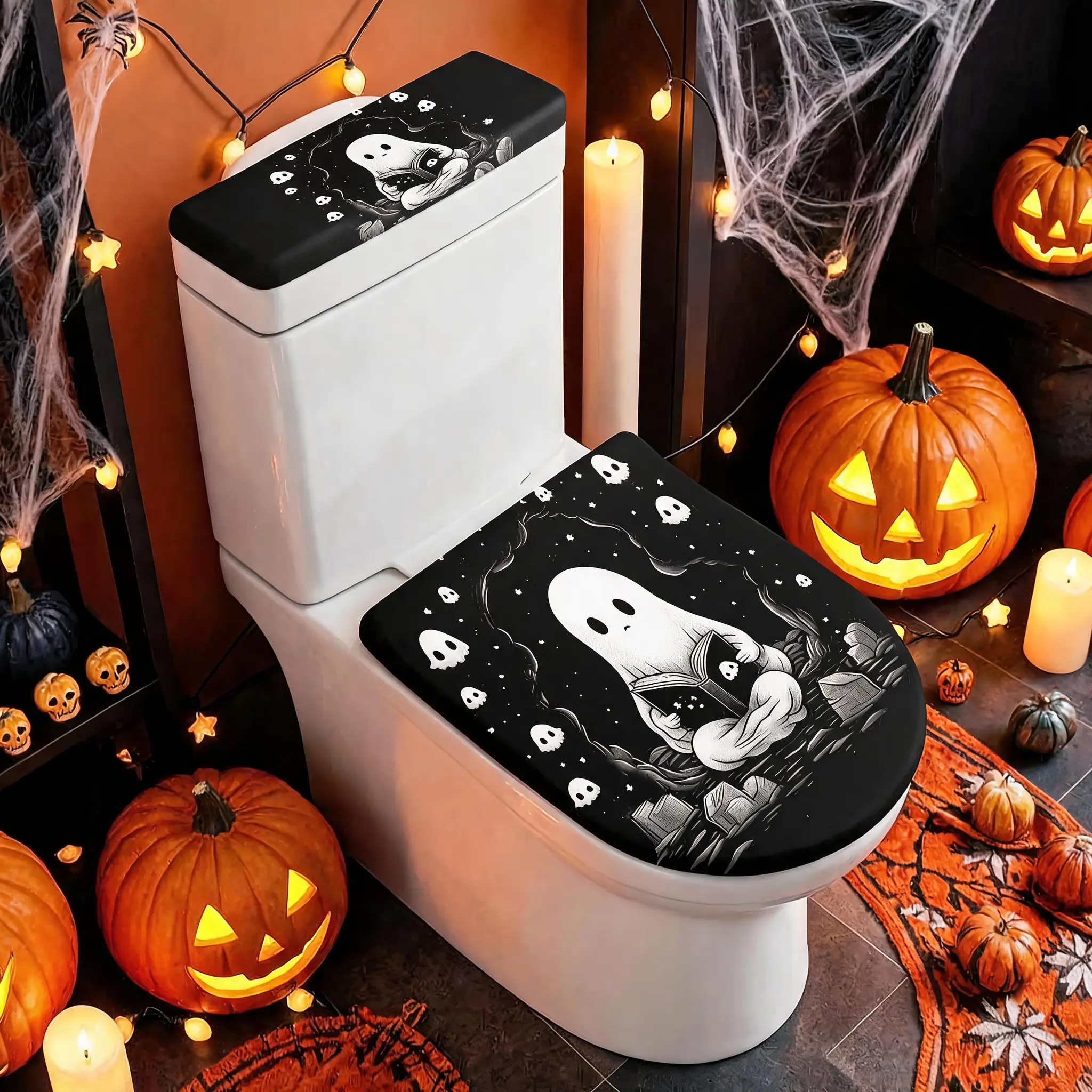 Halloween Toilet Lid and Tank Cover Set of 2, Cute Spooky Ghost Print Soft Stretchable Washable, Fits Round & Elongated, Apartment Dorm Guest Bathroom Decor