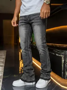 Men's Deep Washed Vintage Slim Fit Bell Bottom Jeans, Trendy Versatile Rock American Streetwear Denim Jeans Pants