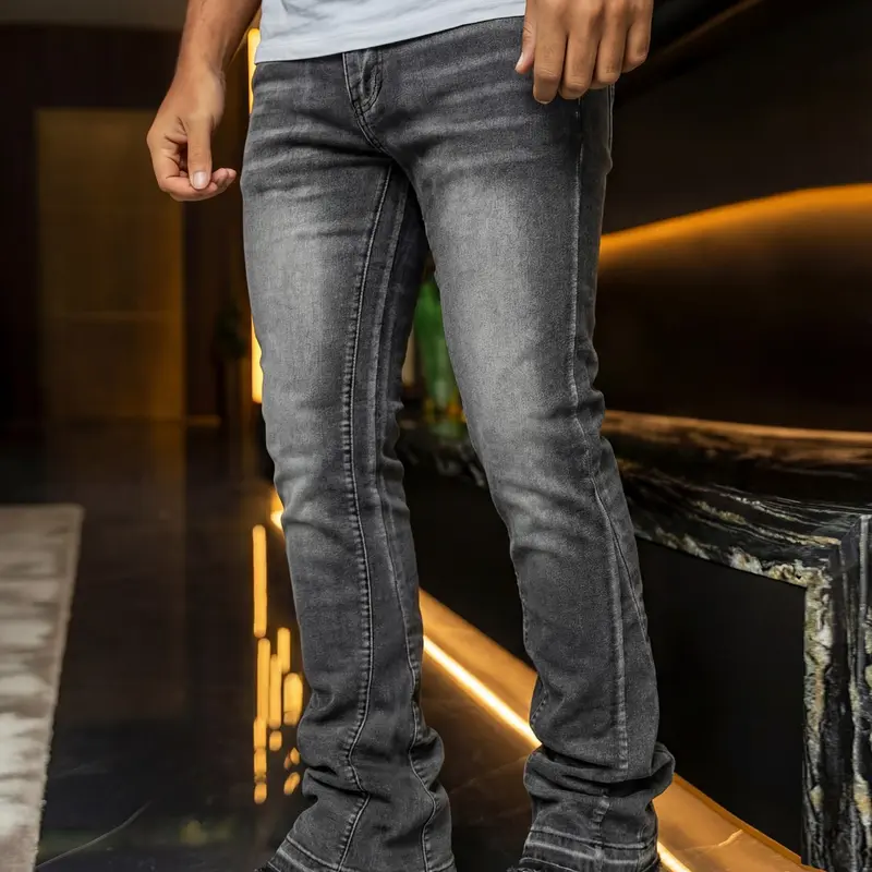 Men's Deep Washed Vintage Slim Fit Bell Bottom Plain Pocket Jeans, Casual Streetwear Denim Trendy Versatile Rock American Streetwear Jeans Pants