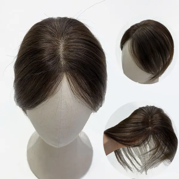 7x10cm Swiss Lace Hair Topper for Women - Fix Thin Hair/Gray Roots! 100% Human Hair, Ultra-Thin Breathable 3-Clip Volumizing hair Piece with Curtain Bangs | Work/Gym/Dates!