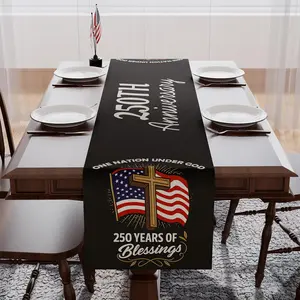 Christian Patriotic Table Runner 250 Years of Blessings, USA Flag Cross Design Dining Table Decor for 4th of July Independence Day Home