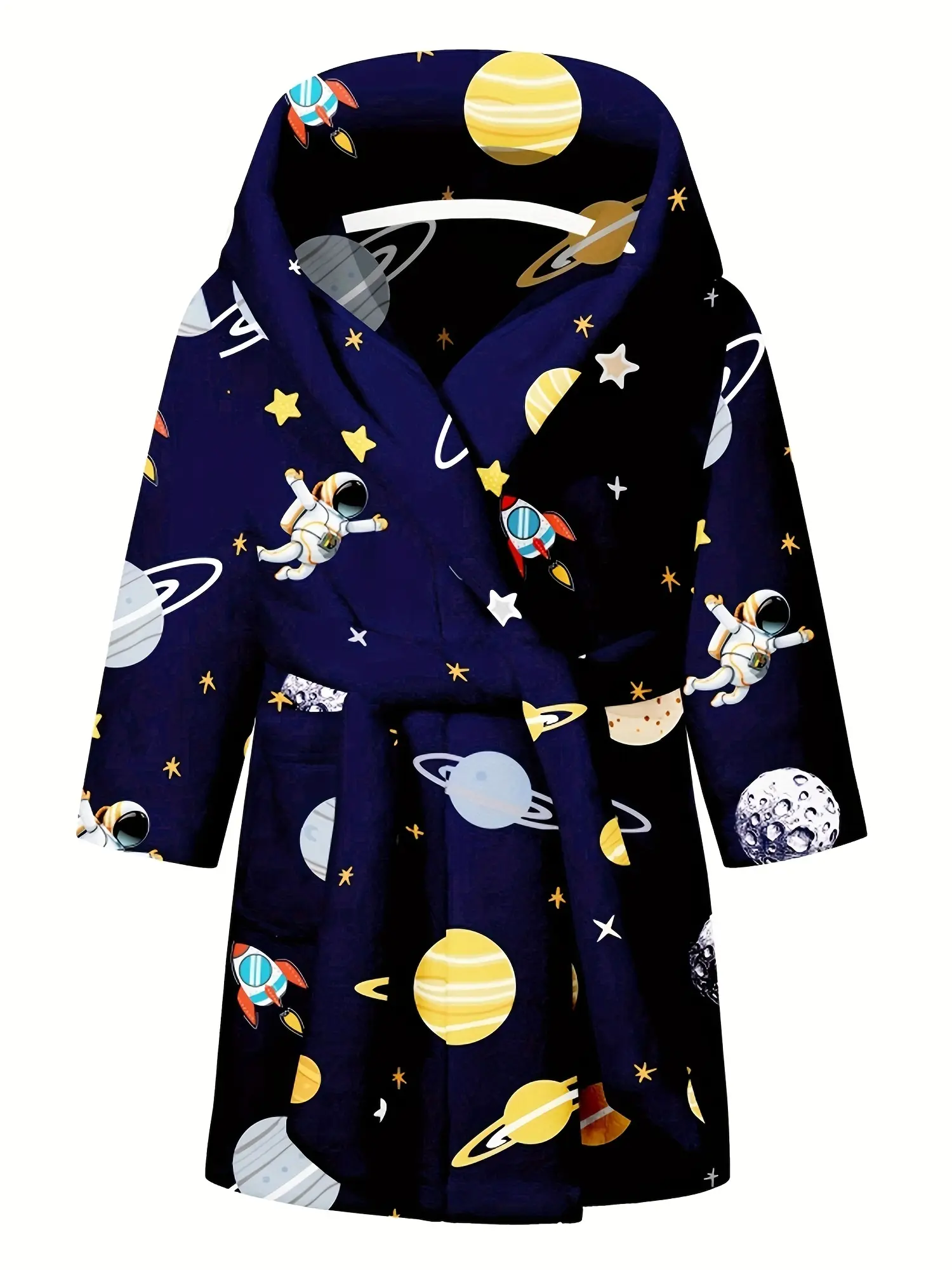 Kids' Hooded Astronaut Robe - Navy Blue Polyester Long Sleeve Twist Outer Space Rocket Fleece Robe for 4-7 Years Toddler Boys Girls, Ultra Soft Plush Flannel Warm Sleepwear Loungewear with Pockets & Waist Belt, Perfect for Bath & Shower, Hooded Robe