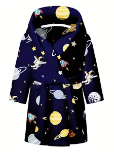 Kids Astronaut Bathrobe - Cute Navy Blue Outer Space Rocket Hooded Fleece Robe for Toddler Boys Girls, Ultra Soft Plush Flannel Warm Sleepwear Loungewear with Pockets and Waist Belt, Perfect for Bath Shower Pool Beach Spa, Cozy Galaxy Pajamas Magical