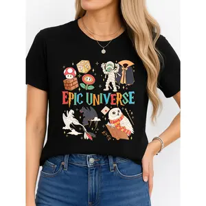 Epic Universe Graphic Tee Black Casual Wear Personalized Unisex Women's Top Summer Comfortable Breathable Short Sleeve T Shirt Suitable For All Outfits Made In Usa